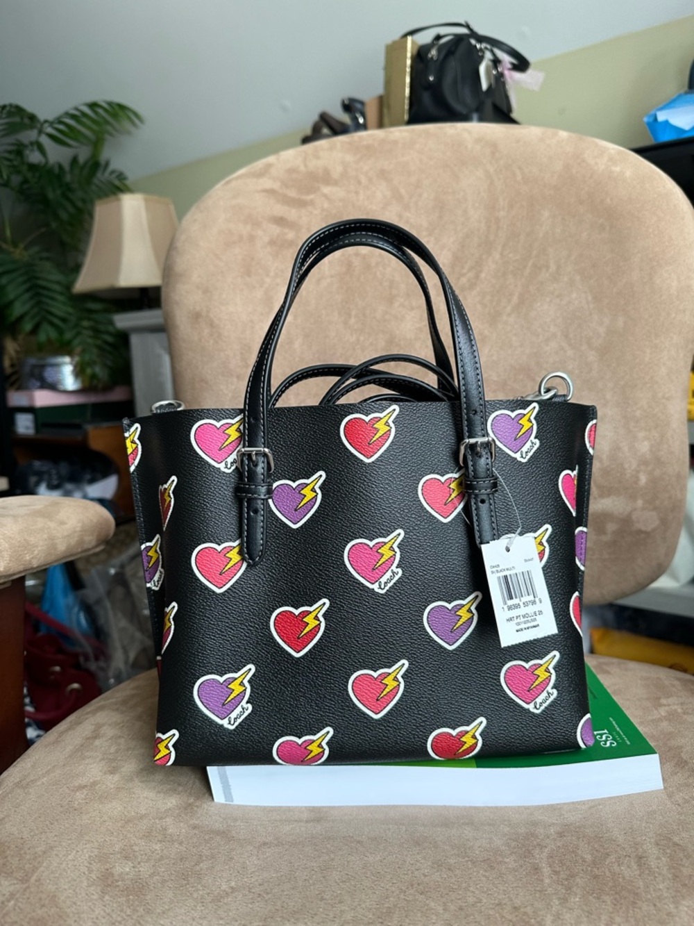 #92. Coach Mollie Tote 25 Heart Bolt Print 2-Way Bag CW435 Black New with Tag - Picture 3 of 13